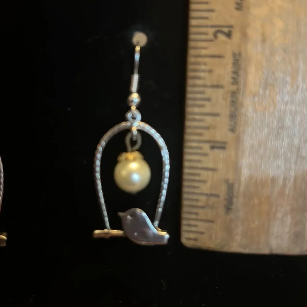 Handcrafted Bird on Perch Earrings – Silver Tone with Pearl Detail - Picture 3 of 4